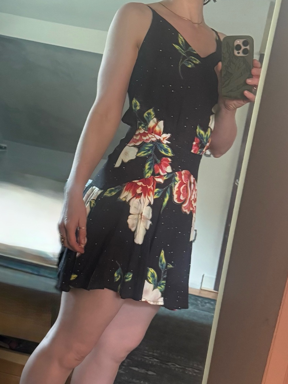 BOGO FARM Rio Black Floral Midi Dress with Red, White & Green Accents